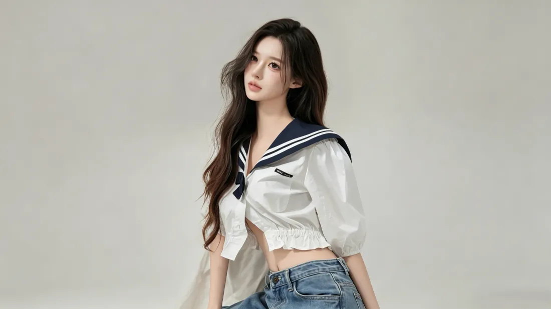 3k水手服美女壁纸｜浅灰背景图片 - 青春时尚人像写真「哲风壁纸」