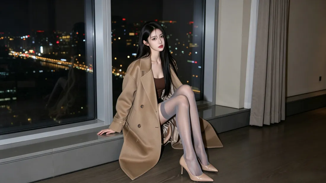 3k长腿美女壁纸｜落地窗夜景背景图片 - 时尚大衣穿搭「哲风壁纸」