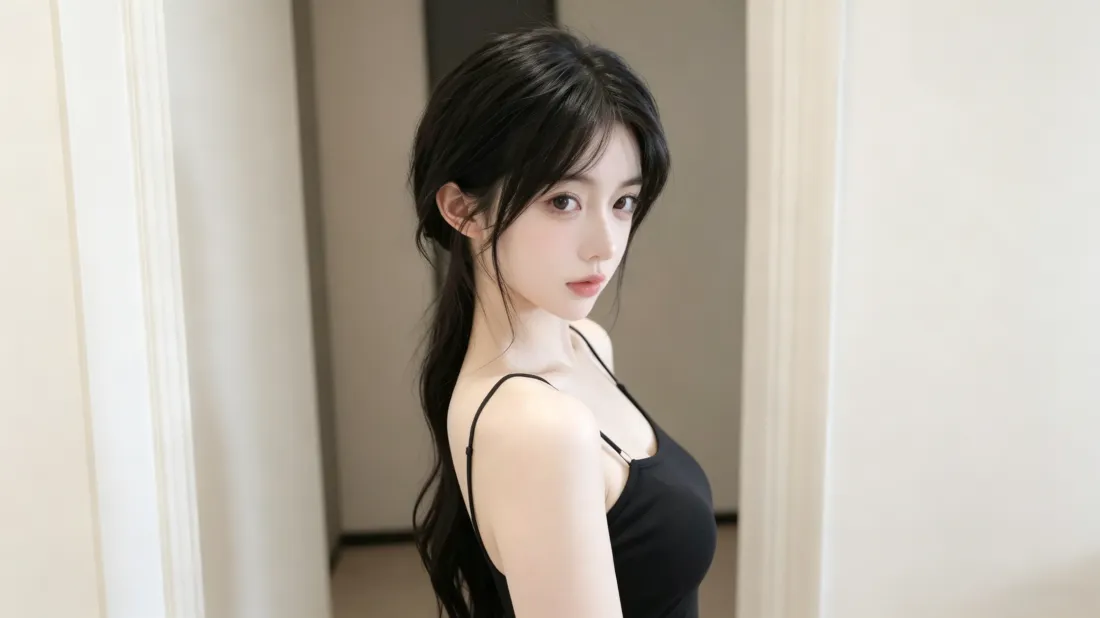 3k黑发美女壁纸｜黑色吊带穿搭背景图片 - 室内氛围感写真「哲风壁纸」