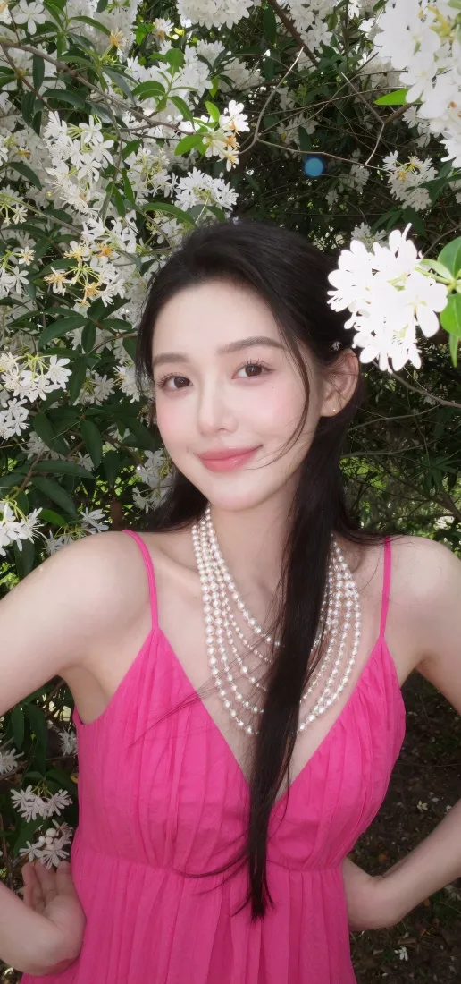 王玉雯手机壁纸｜白色花植背景图片 - 粉色吊带裙清新甜美写真「哲风壁纸」