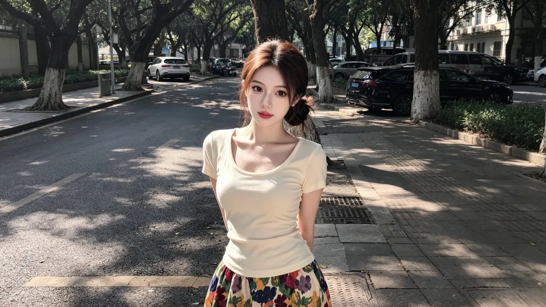 3k气质美女壁纸｜林荫街道背景图片 - 夏日光影氛围感街拍「哲风壁纸」