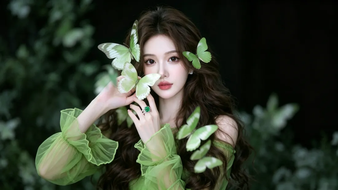 3k森系卷发美女壁纸｜绿色蝴蝶背景图片 - 氛围感写真「哲风壁纸」