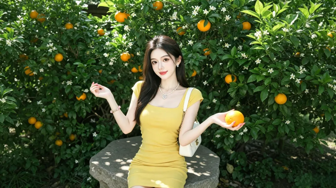 3k黄裙美女壁纸｜橘子林户外背景图片 - 清新夏日人像写真「哲风壁纸」