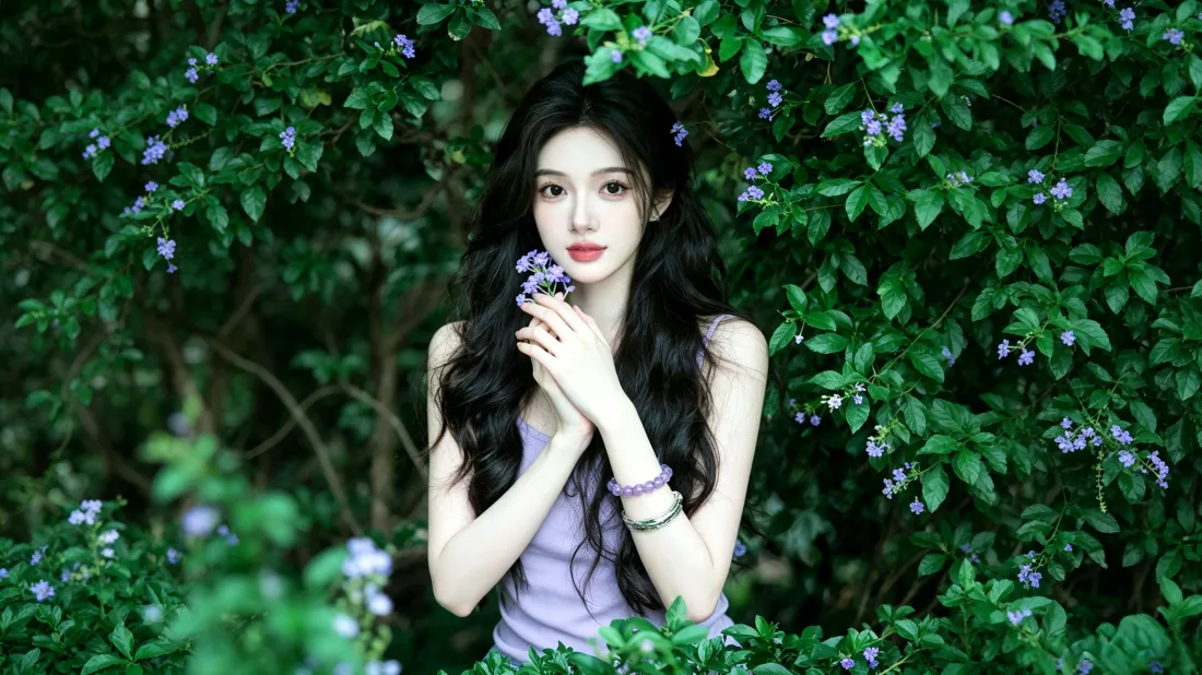 3k卷发美女壁纸｜绿植紫花背景图片 - 清新氛围感写真「哲风壁纸」