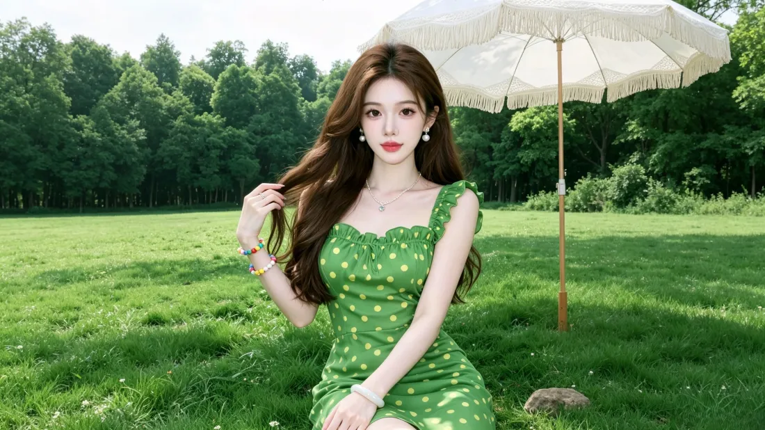 3k绿裙美女壁纸｜森林草地背景图片 - 清新户外写真「哲风壁纸」