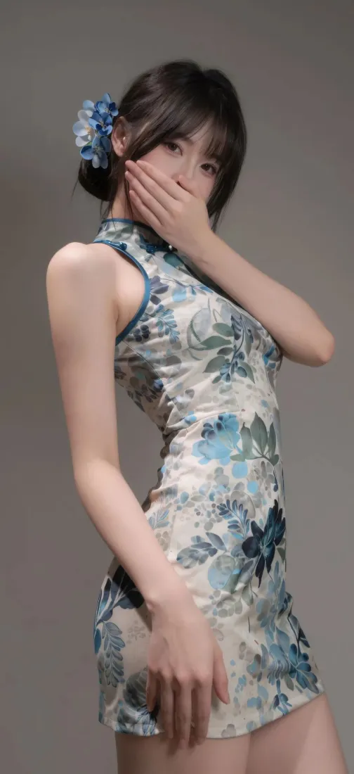 旗袍美女手机壁纸｜纯色背景图片 - 新中式气质穿搭写真「哲风壁纸」