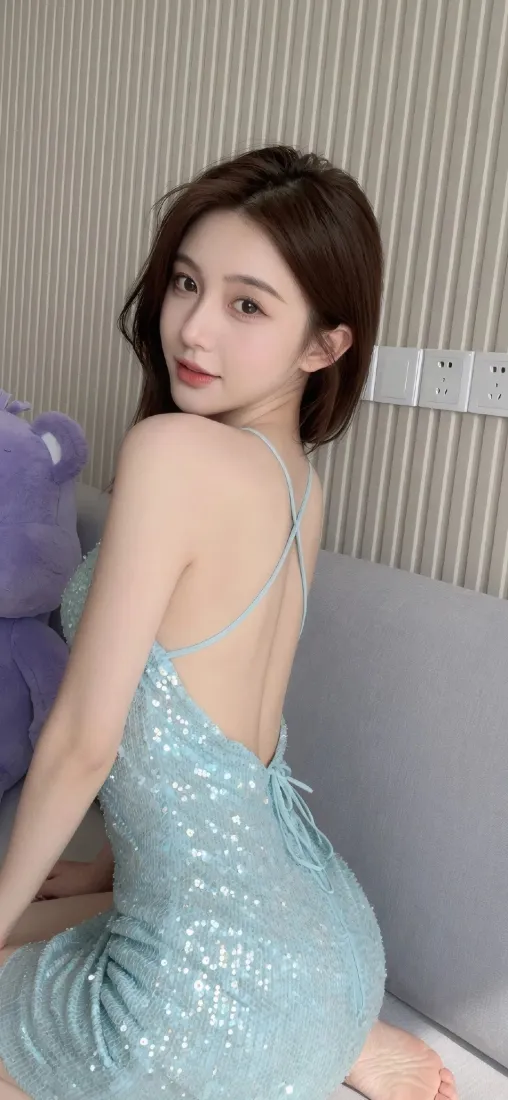 美女手机壁纸｜浅蓝亮片裙背景图片 - 居家时尚人像写真「哲风壁纸」