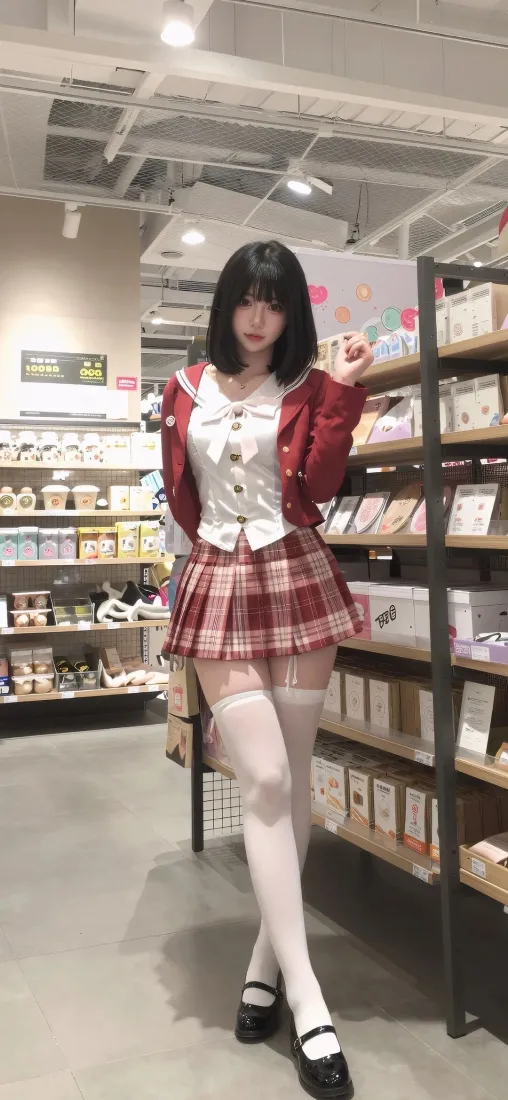 JK美女手机壁纸｜商店货架背景图片 - 红格裙穿搭「哲风壁纸」