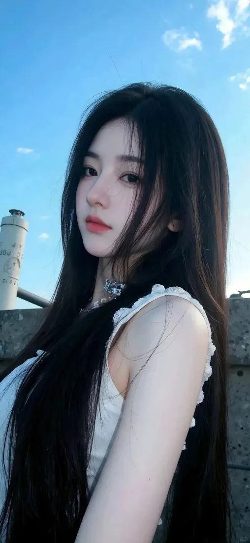 长发美女手机壁纸｜蓝天天台背景图片 - 清新气质人像「哲风壁纸」