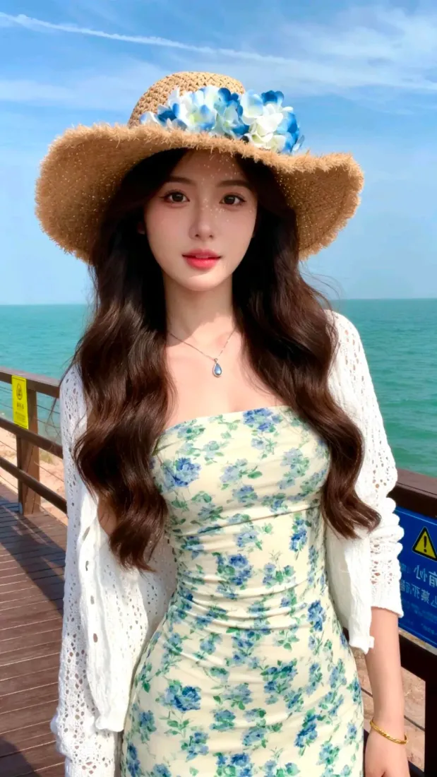 海边美女手机壁纸｜蓝天碧海背景图片 - 草帽碎花裙清新穿搭「哲风壁纸」