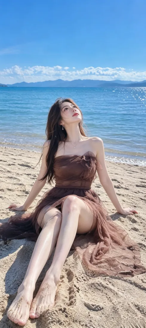 棕裙美女手机壁纸｜碧海蓝天沙滩背景图片 - 夏日度假氛围感写真「哲风壁纸」
