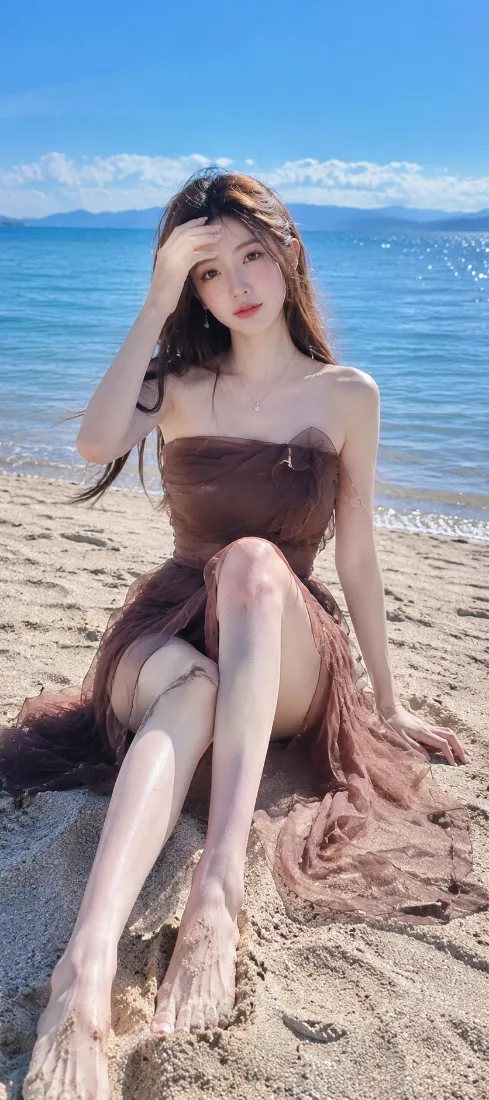 海边美女手机壁纸｜蓝天沙滩背景图片 - 时尚氛围感人像「哲风壁纸」