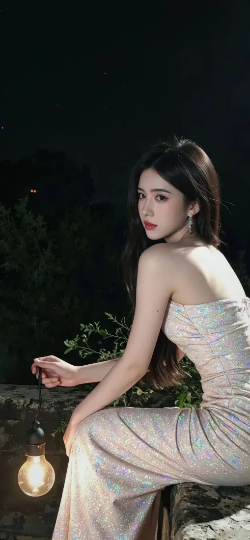 长发白裙美女手机壁纸｜夜晚暖光背景图片 - 氛围感写真「哲风壁纸」