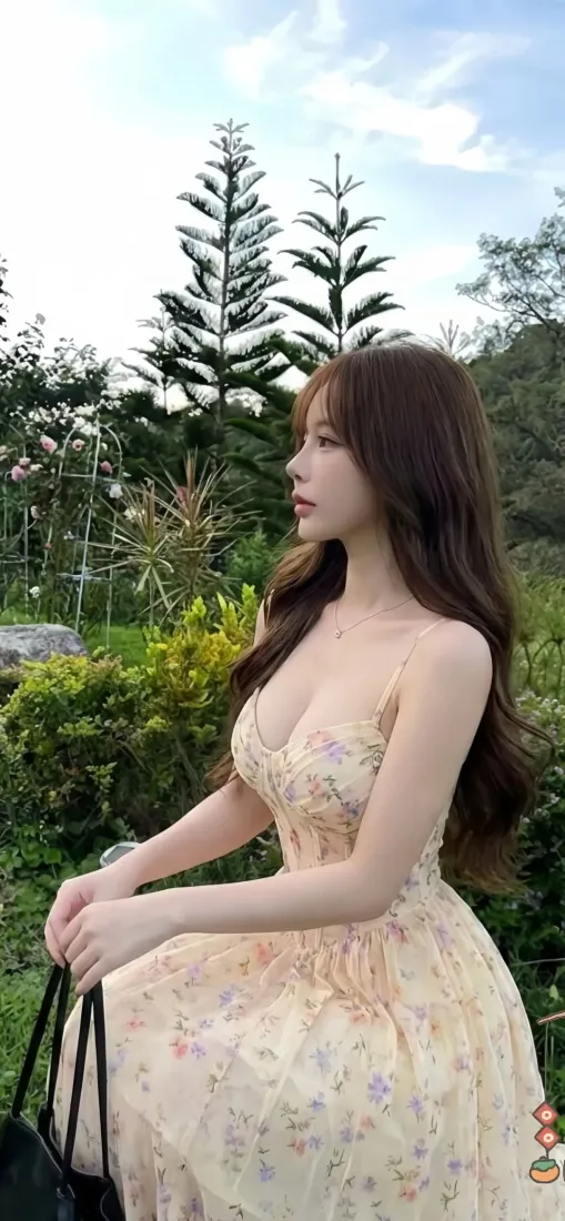 长卷发碎花裙美女手机壁纸｜户外绿植背景图片 - 清新氛围感「哲风壁纸」
