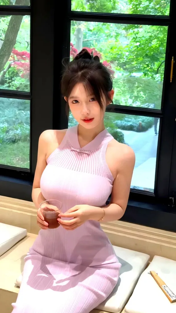 浅紫旗袍美女手机壁纸｜窗边饮茶背景图片 - 清新质感写真「哲风壁纸」