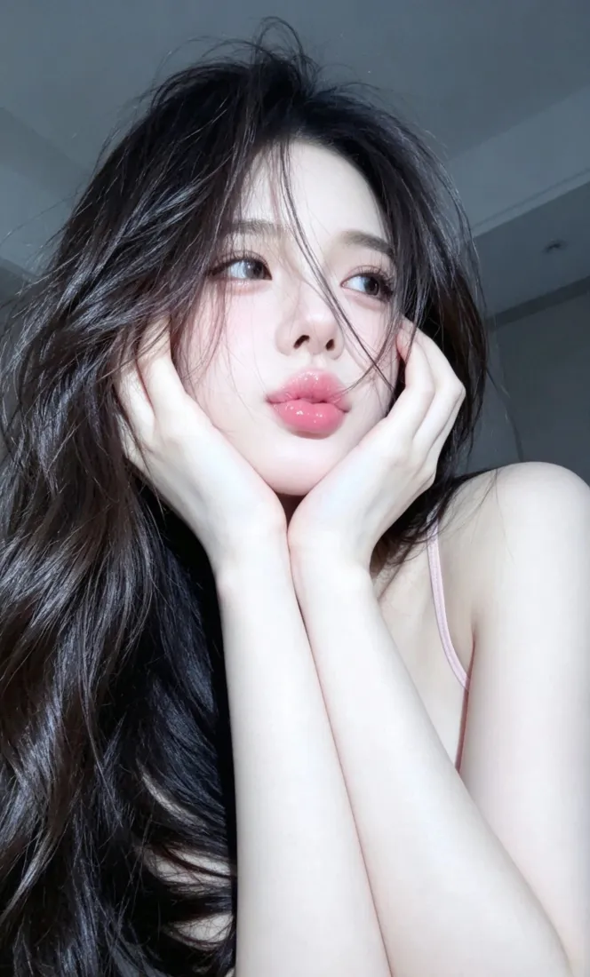 纯欲风长发美女手机壁纸｜浅灰室内背景图片 - 双手托脸造型「哲风壁纸」