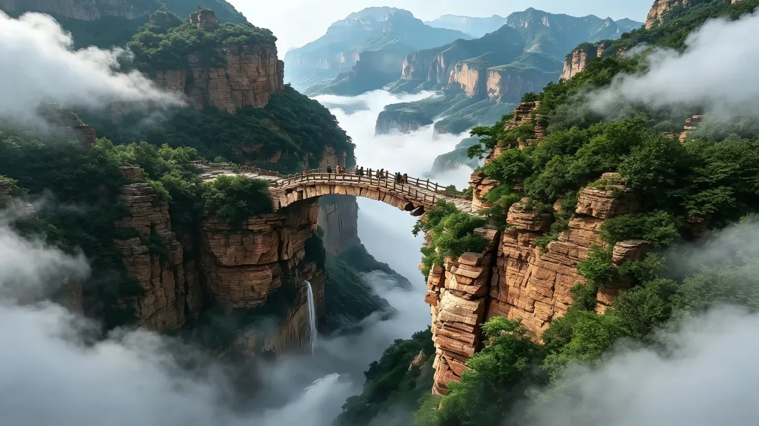 3k峡谷悬空石桥壁纸｜高山云海自然背景图片 - 壮丽风景「哲风壁纸」