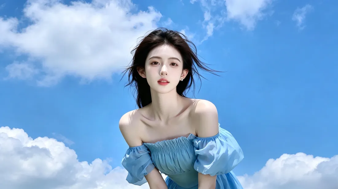 3k蓝裙美女壁纸｜蓝天白云背景图片 - 清新氛围感写真「哲风壁纸」