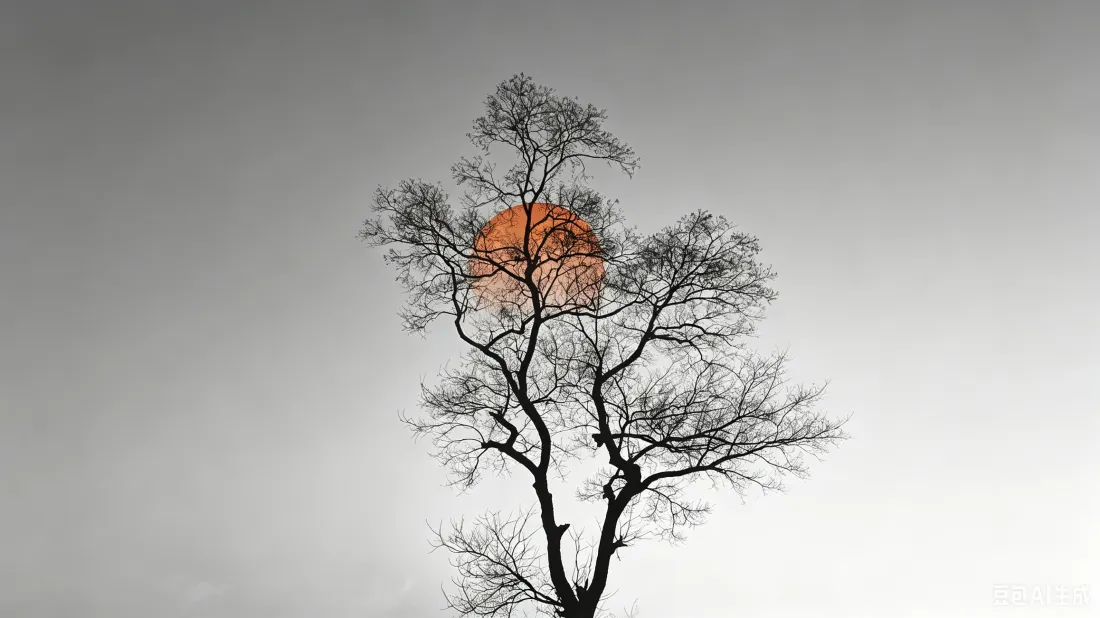 3k枯树落日剪影壁纸｜灰白天空背景图片 - 极简自然风景「哲风壁纸」