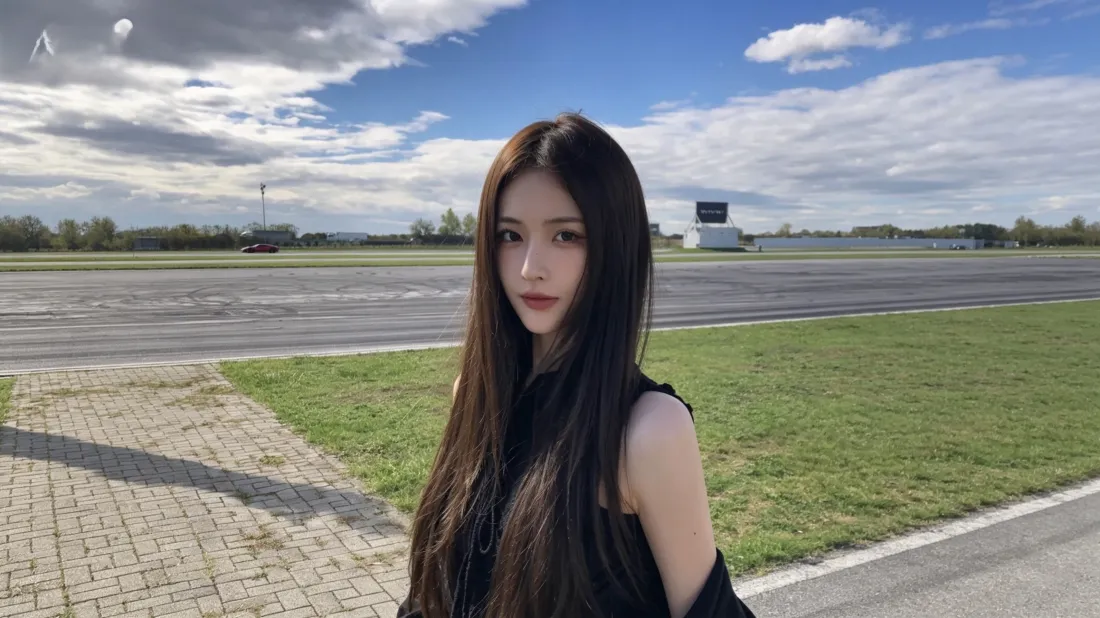 3k黑长直美女壁纸｜蓝天草地背景图片 - 氛围感人像「哲风壁纸」