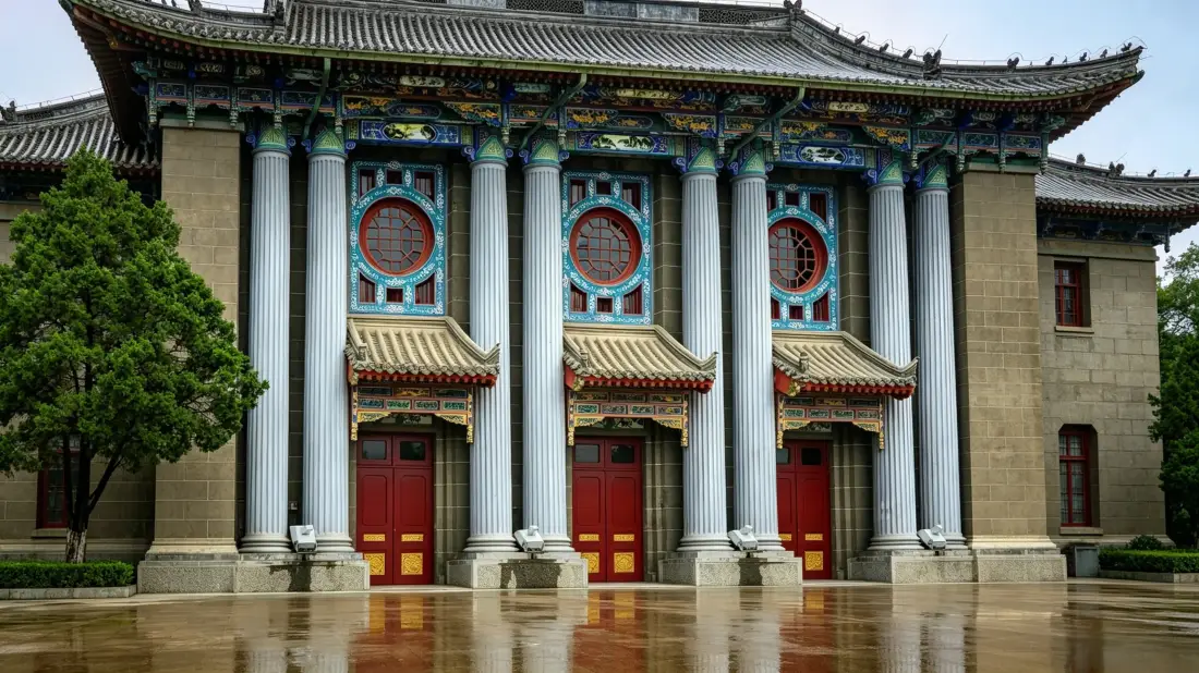 3k中式传统建筑壁纸｜古典古风建筑背景图片 - 对称立柱红门「哲风壁纸」