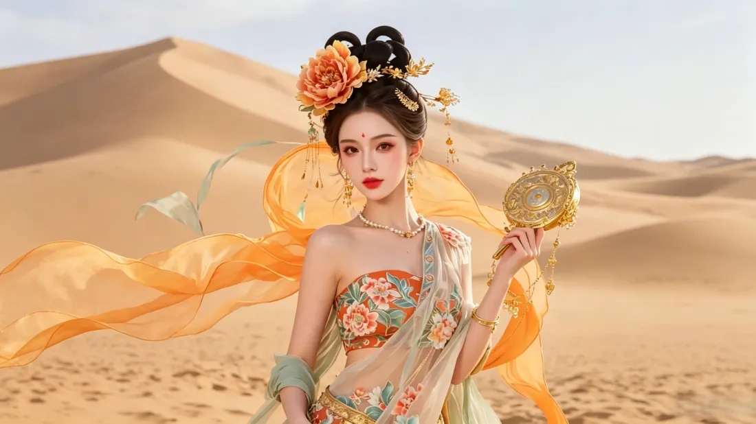 3k敦煌风汉服美女壁纸｜沙漠古风背景图片 - 异域氛围感写真「哲风壁纸」