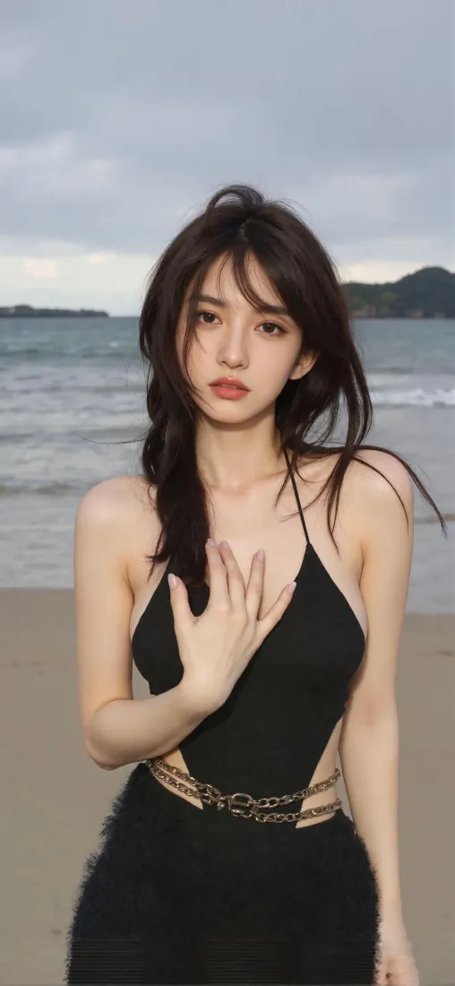 性感美女手机壁纸｜海边沙滩背景图片 - 黑裙长发氛围感「哲风壁纸」