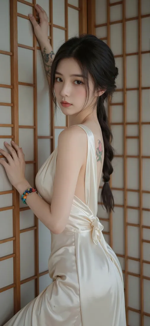 白裙侧颜美女手机壁纸｜日式格栅背景图片 - 气质温柔人像「哲风壁纸」