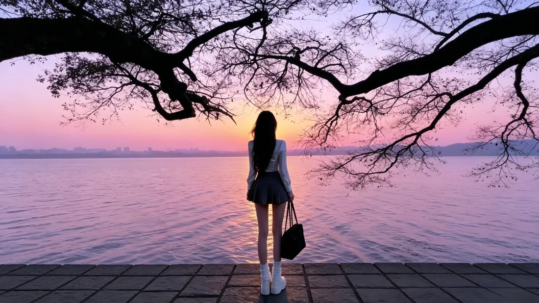 3k湖边长发少女壁纸｜粉紫晚霞湖泊背景图片 - 治愈氛围感「哲风壁纸」