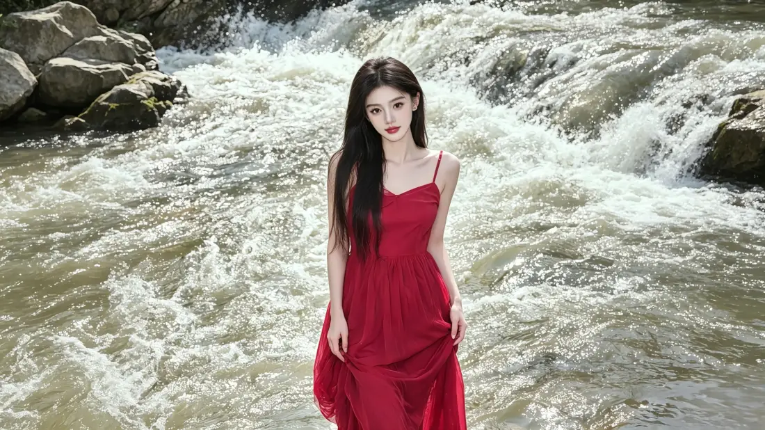 3k红裙美女壁纸｜溪流背景图片 - 户外清新氛围感写真「哲风壁纸」