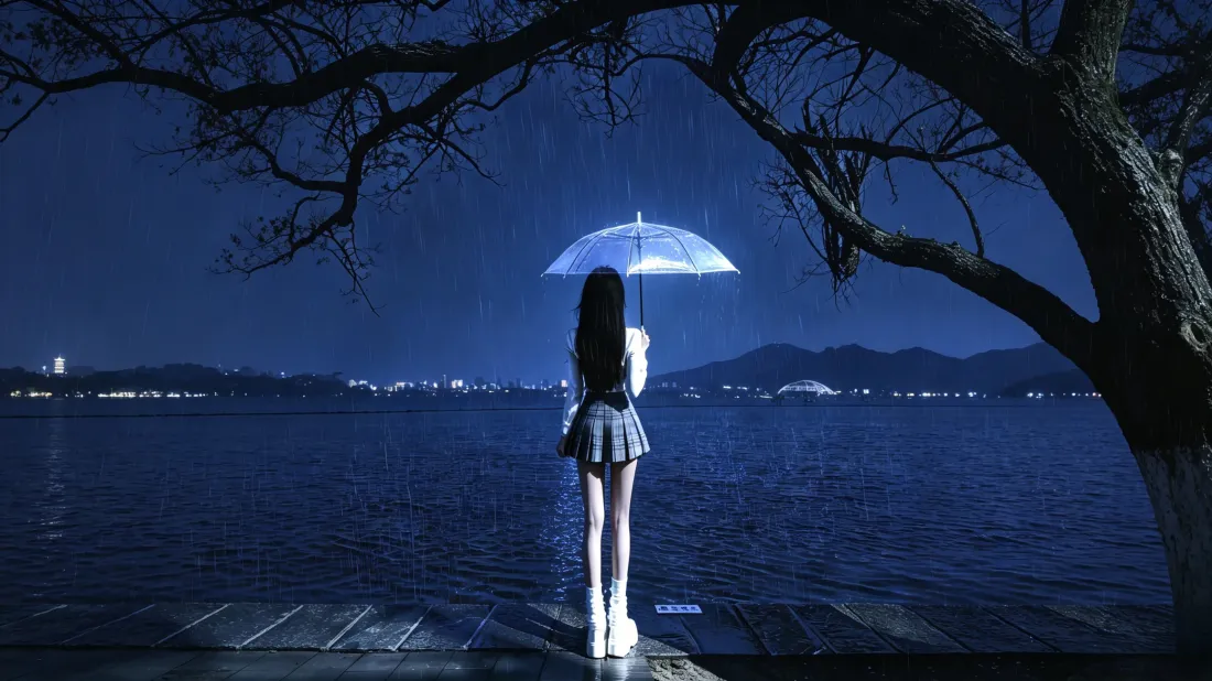 3k撑伞少女壁纸｜湖边夜景背景图片 - 清冷氛围感「哲风壁纸」