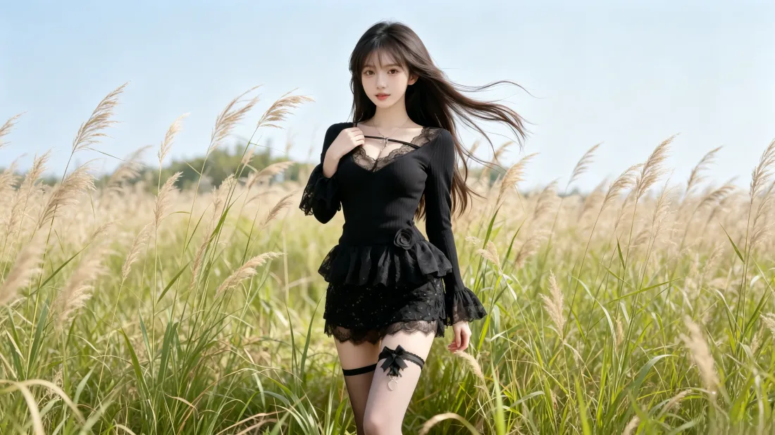 3k黑裙美女壁纸｜芦苇丛户外背景图片 - 氛围感写真「哲风壁纸」