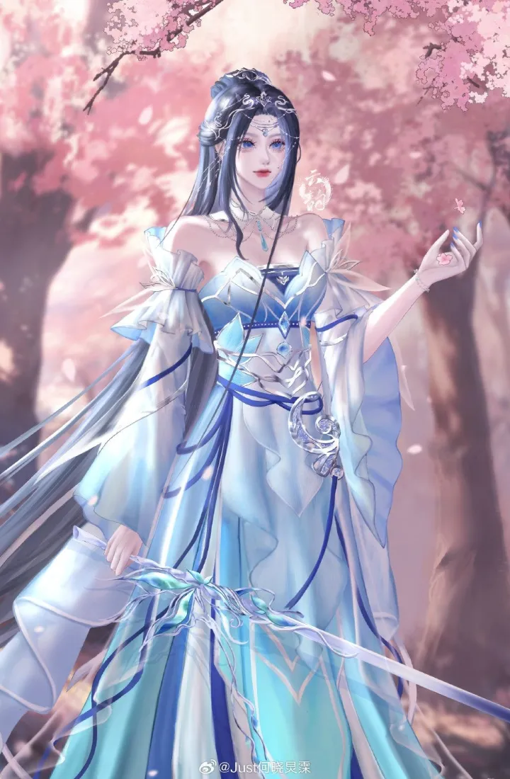 梦中情人手机壁纸｜桃花林背景图片 - 蓝裙古风仙侠二次元少女「哲风壁纸」