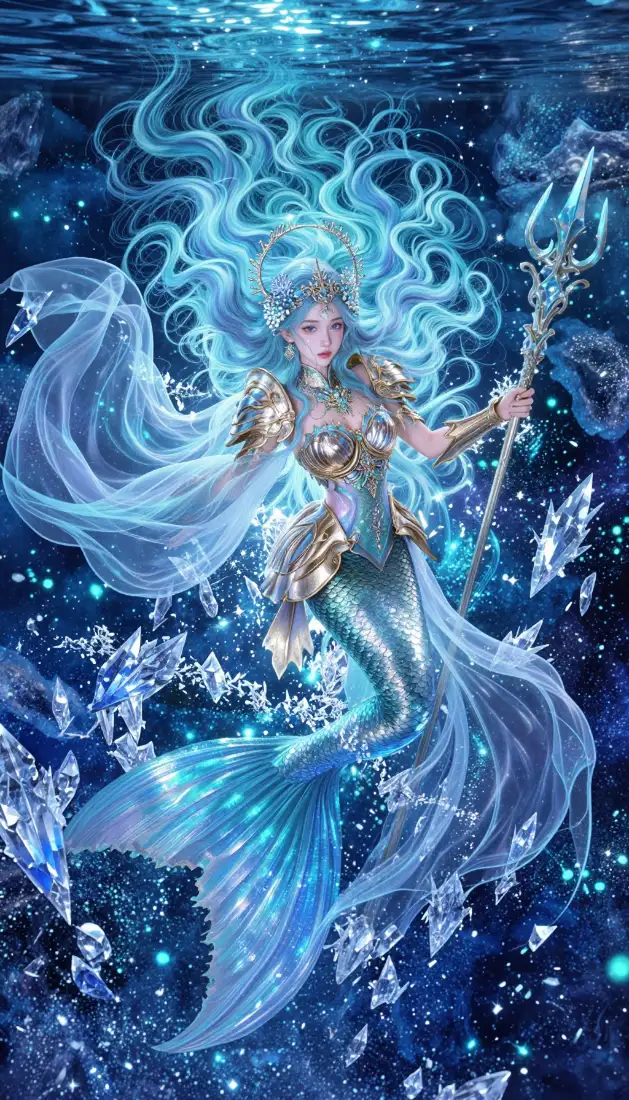 美人鱼手机壁纸｜深海冰晶背景图片 - 动漫蓝发少女「哲风壁纸」