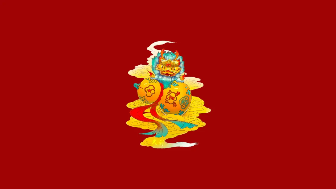 4k国潮瑞兽壁纸｜红底祥云葫芦背景图片 - 国风喜庆插画「哲风壁纸」
