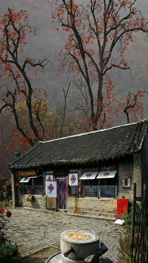 田园风景手机壁纸｜农家小屋背景图片 - 秋景红叶石磨「哲风壁纸」