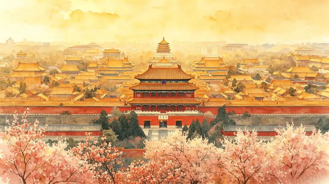 3k故宫壁纸｜春日紫禁城建筑群背景图片 - 绚烂樱花盛景「哲风壁纸」
