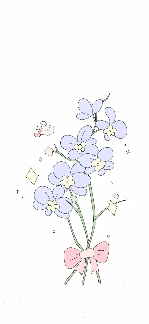 花朵插画手机壁纸｜淡紫花束背景图片 - 粉色蝴蝶结小兔「哲风壁纸」