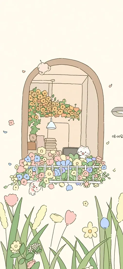 治愈系卡通手机壁纸｜窗外鲜花阳台背景图片 - 清新可爱插画「哲风壁纸」