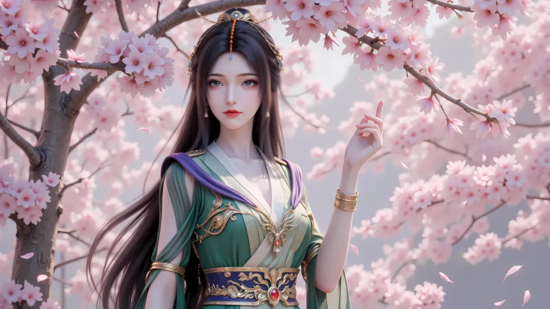 6k凡人修仙传柳玉壁纸｜粉花满树背景图片 - 古风绿衣长发美人「哲风壁纸」