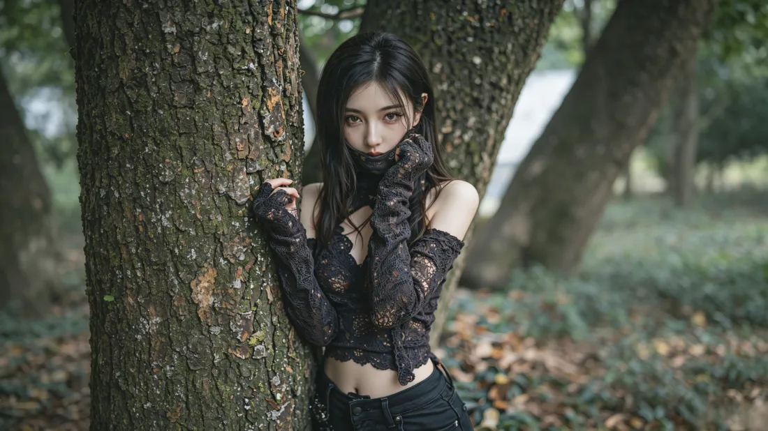 3k暗黑穿搭美女壁纸｜森林背景图片 - 清冷氛围感人像「哲风壁纸」
