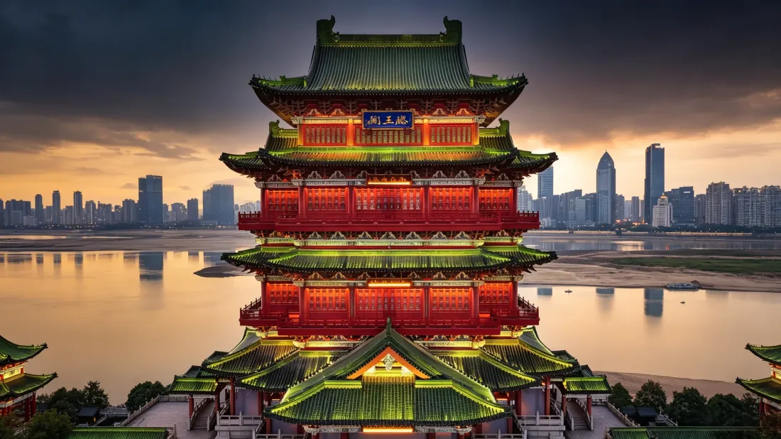 3k滕王阁壁纸｜江边古建筑背景图片 - 城市黄昏风景「哲风壁纸」