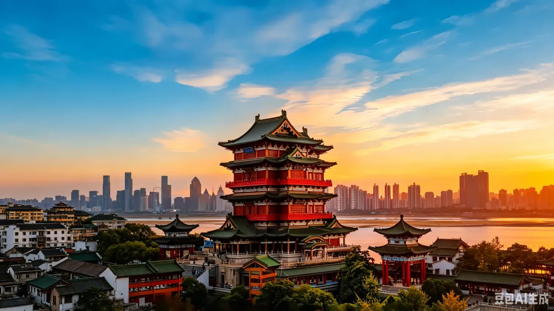 3k滕王阁壁纸｜江边日落古建筑背景图片 - 城市天际线「哲风壁纸」