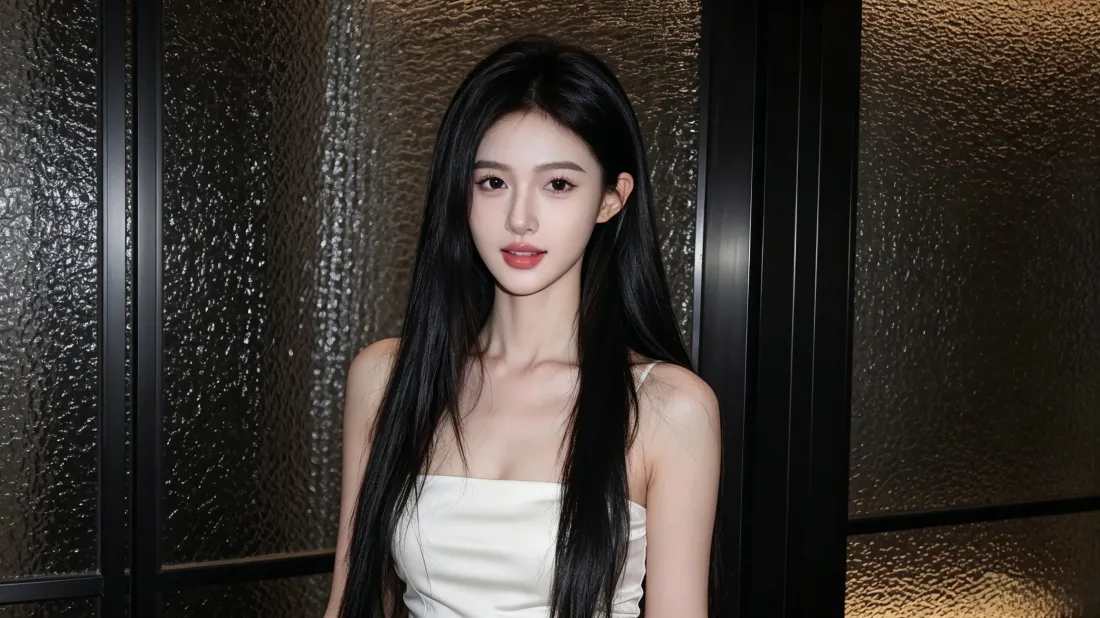 3k美女壁纸｜轻奢室内背景图片 - 白色吊带黑长直造型「哲风壁纸」
