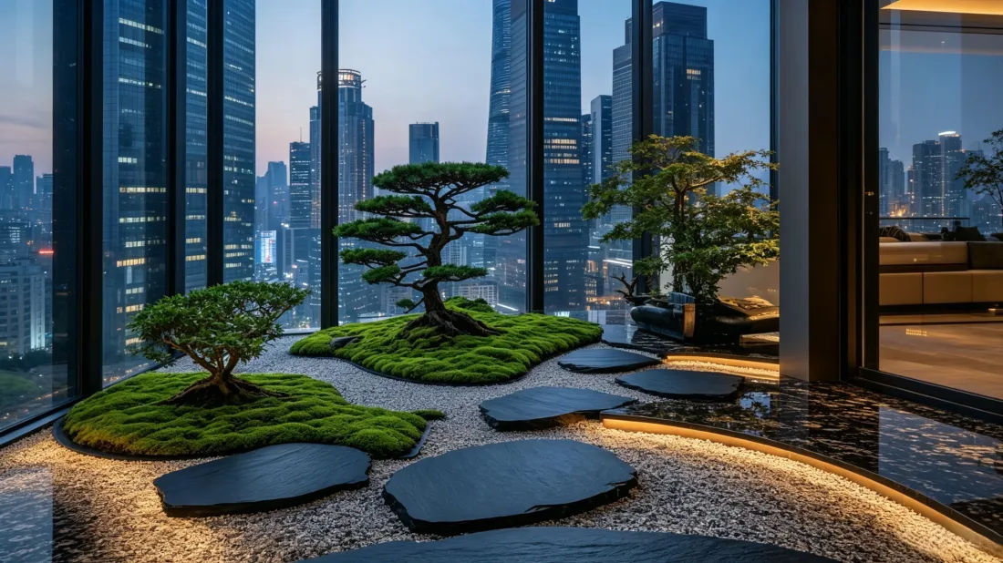 3k室内禅意枯山水壁纸｜高空城市天际线背景图片 - 静谧造景「哲风壁纸」