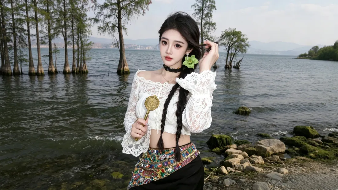 3k湖边美女壁纸｜水杉林背景图片 - 民族风穿搭写真「哲风壁纸」