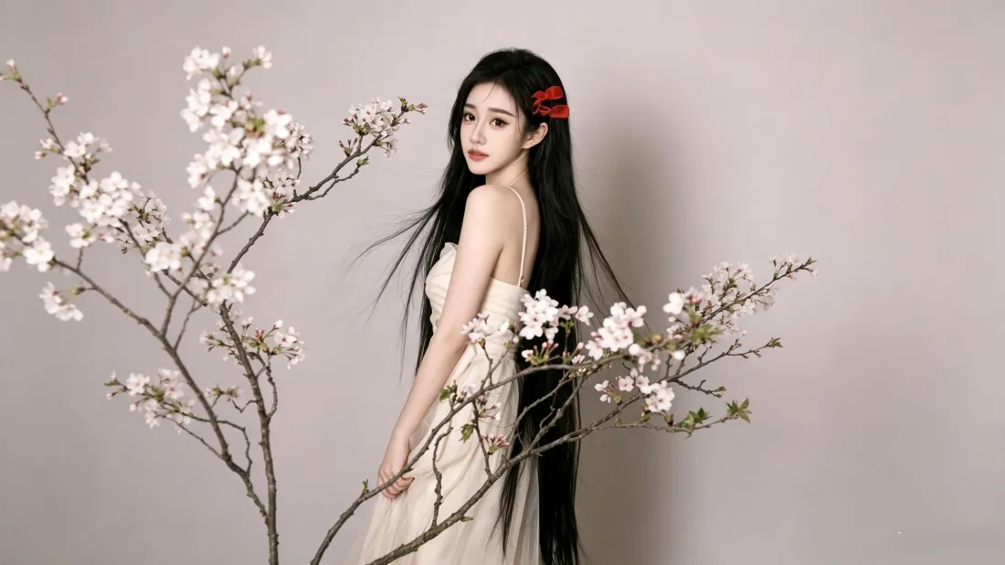 3k鞠婧祎壁纸｜白花浅灰背景图片 - 清冷氛围感美女「哲风壁纸」