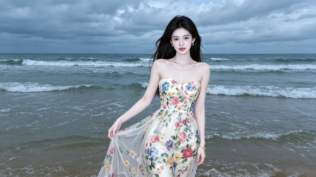 3k海边美女壁纸｜海浪沙滩背景图片 - 碎花长裙氛围感写真「哲风壁纸」