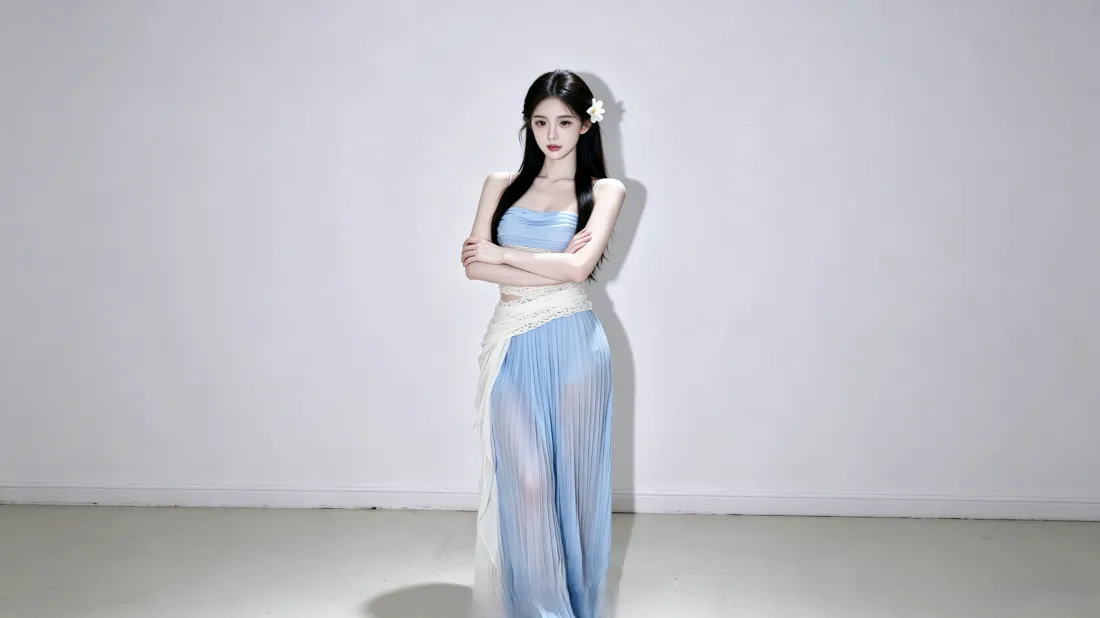 3k蓝裙长发美女壁纸｜简约室内背景图片 - 氛围感写真「哲风壁纸」