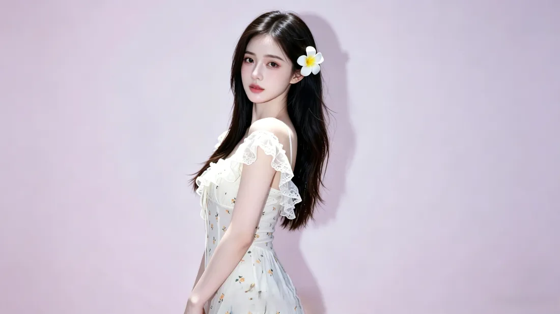 3k戴花长发美女壁纸｜淡粉色背景图片 - 清纯温柔写真「哲风壁纸」